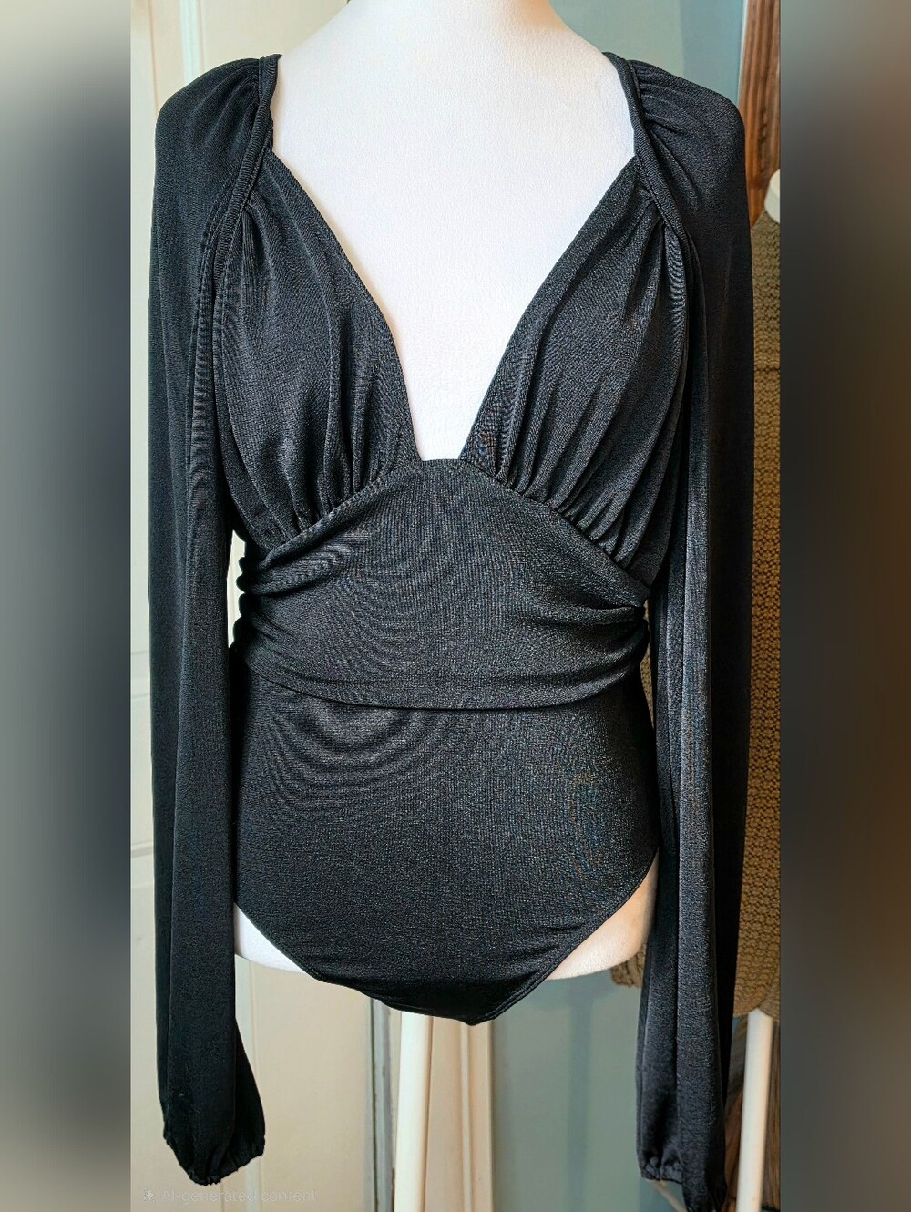 Free People In Your Arms Bodysuit Womens M Black Plunging Neck Long Billow Sleev